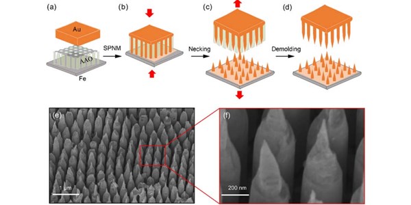 Controlled fabrication of gold nanotip arrays by nanomolding-necking technology